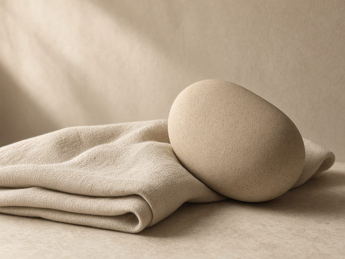 Smooth stone and sand-colored linen in side light, beside the LED light therapy explanation