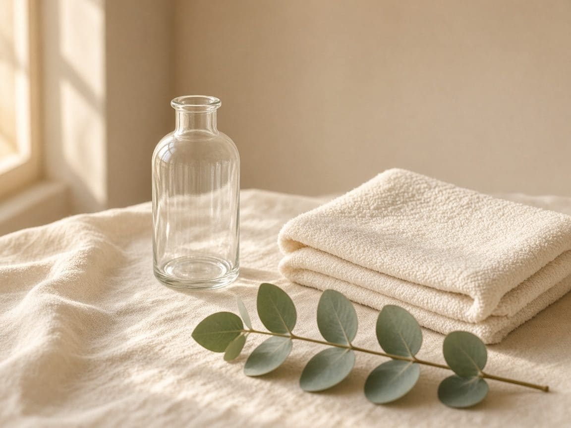 Glass bottle and eucalyptus on linen, beside the acne facial explanation