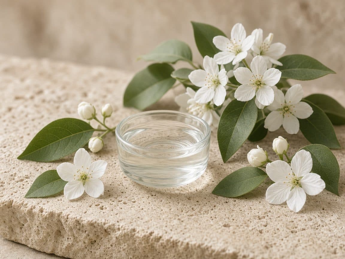 White flowers and a glass dish on limestone, beside the dark spot treatment explanation
