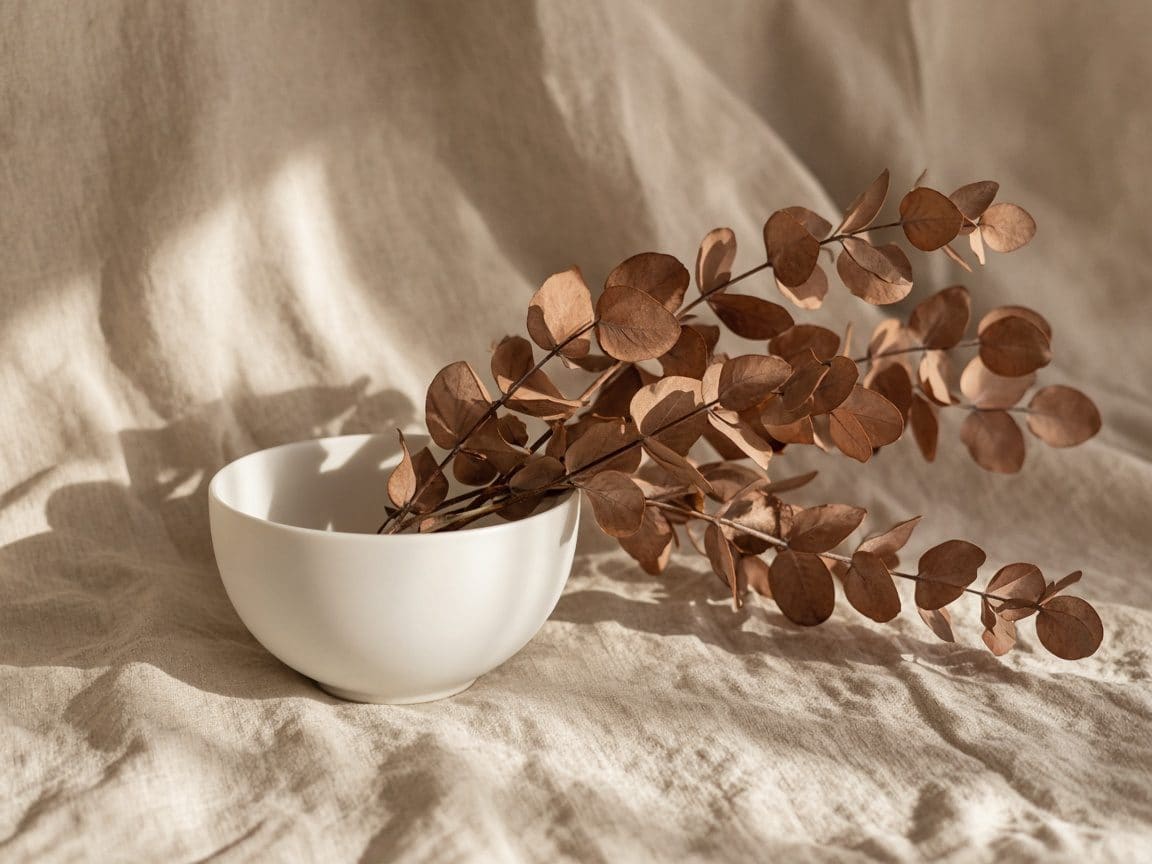 Dried eucalyptus and a white ceramic bowl on beige linen, beside the chemical peel explanation