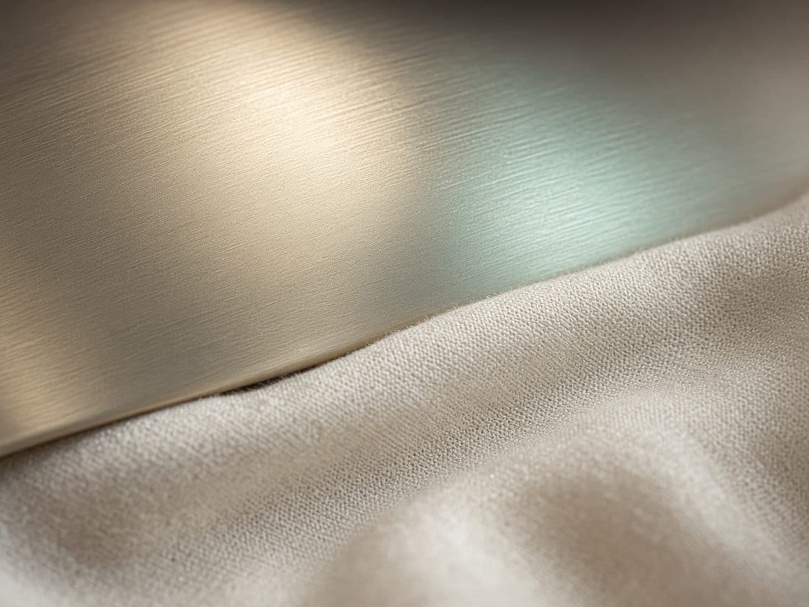 Warm brushed metal and cream fabric in soft light, beside the VybeRF explanation