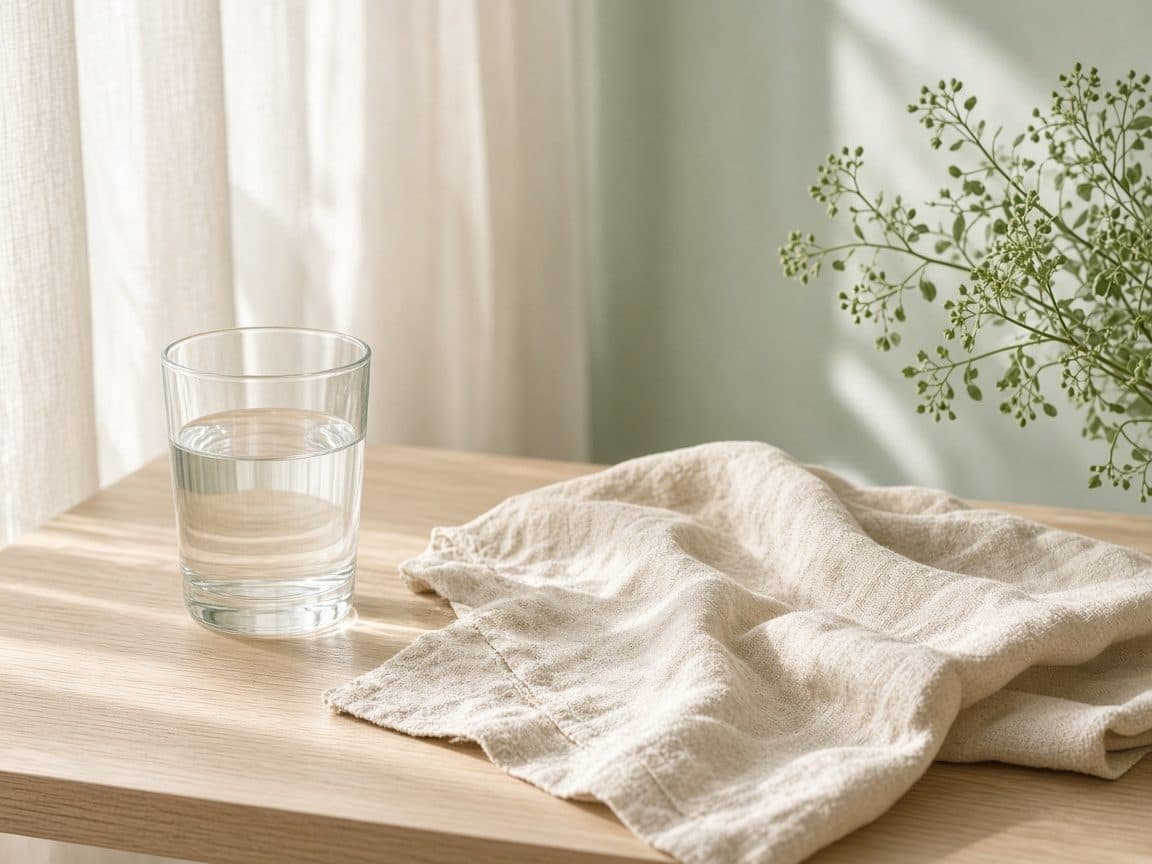 A glass of water and a linen napkin in window light, beside the sensitive skin facial notes